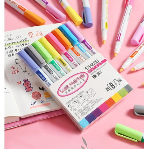 8 Color Double Line Outline Art Marker Set Glitter Liner Highlighter Letter&Draw Journal Diary Album Office School Supply H6095