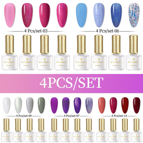 BORN PRETTY 4PCS Gel Nail Polish Set  Nail Color Soak Off UV Gel Glitter Varnish Base No Wipe Top Coat Nail Prep-Primer